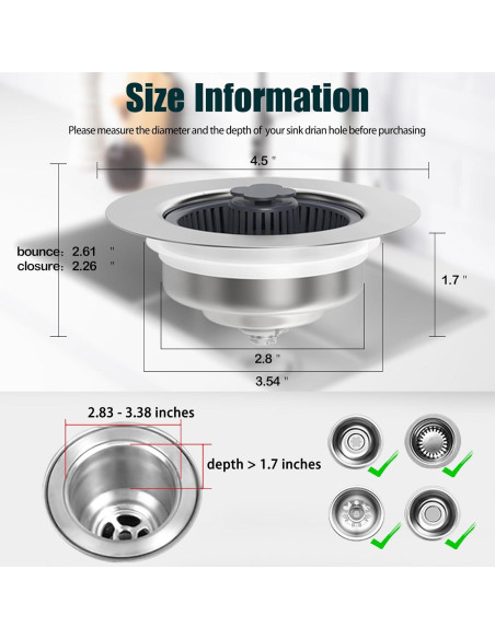 Colador de desagüe de fregadero MELAUDI 3 en 1 acero inoxidable
