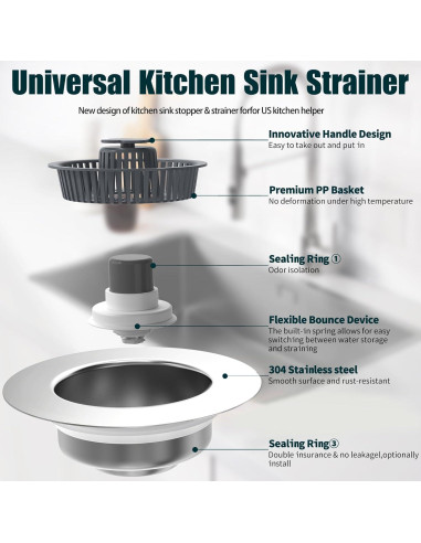 Colador de desagüe de fregadero MELAUDI 3 en 1 acero inoxidable