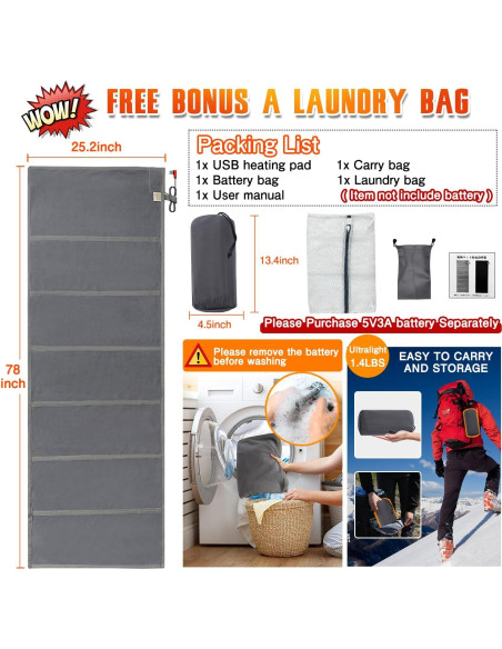 Forro de Saco de Dormir Calentado HJDHS 190x64 cm USB