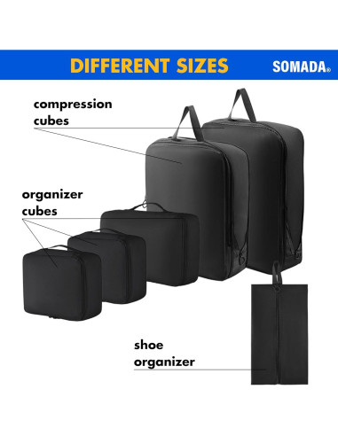 Juego de 6 Cubos de Empaque SOMADA Negro para Viaje