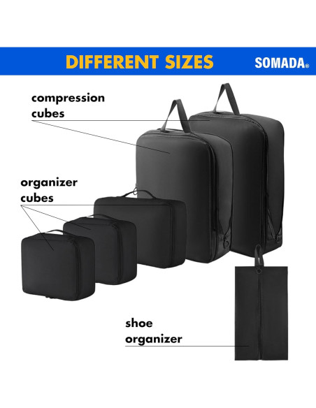 Juego de 6 Cubos de Empaque SOMADA Negro para Viaje Juego de 6 Cubos de Empaque SOMADA Negro para Viaje