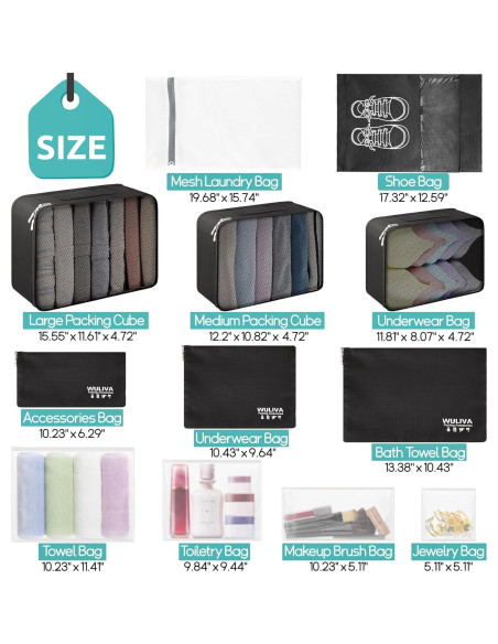 Set de 12 Cubos de Empaque WULIVA para Viaje Negro