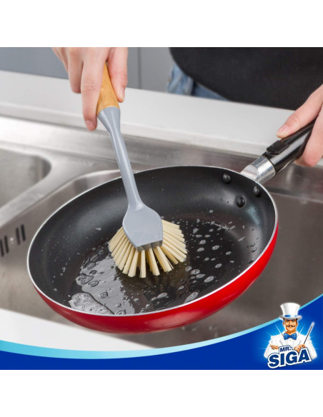 Cepillo para Platos MR.SIGA con Mango de Bambú y Raspador - 2 Unidades