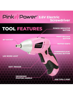 Destornillador Eléctrico Inalámbrico Rosa Pink Power PP481 3.6V 2