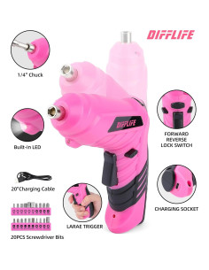 Destornillador Eléctrico Inalámbrico DIFFLIFE Rosa 3.6V 28 Piezas 2