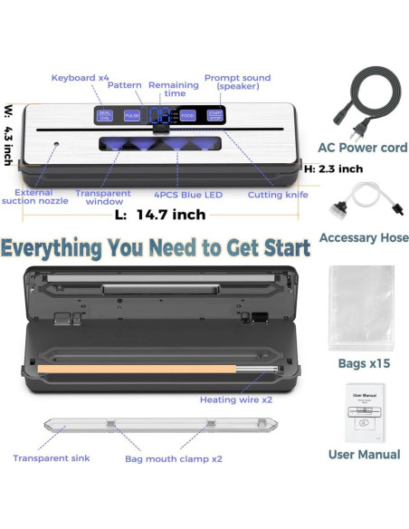Máquina de Sellado al Vacío Jawploy AP-25 8 en 1 con 15 Bolsas