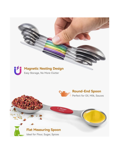 Juego de Cucharas Medidoras Magnéticas SUNRAYNEST 6 Pzas Acero Inoxidable
