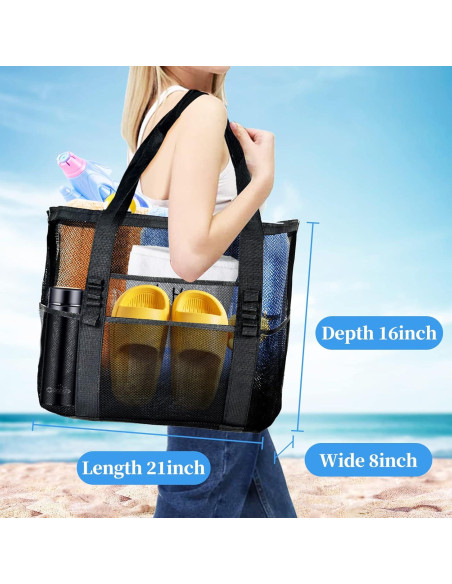 Bolsa de Playa Grande Malla Negra Plegable 9 Bolsillos