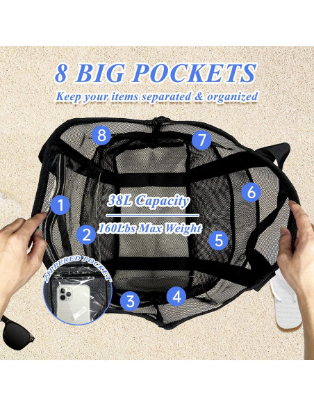 Bolsa de Playa Grande Malla Negra Plegable 9 Bolsillos