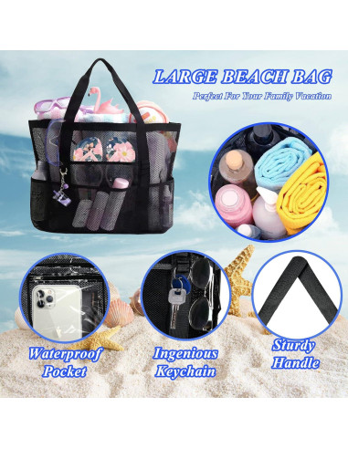 Bolsa de Playa Grande Malla Negra Plegable 9 Bolsillos