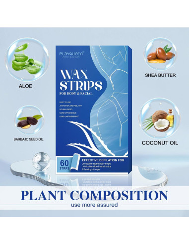 Tiras de cera depilatoria PLAYQUEEN 60 unidades kit completo