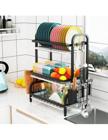 Estante de Secado de Platos 1Easylife 3 Niveles Metal Negro