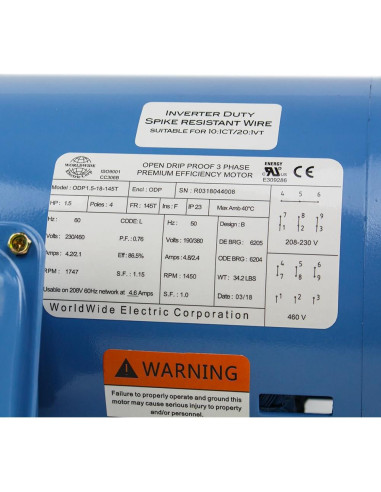 Motor Eléctrico 1.5 HP 3 Fases ODP Worldwide Electric 1800 RPM