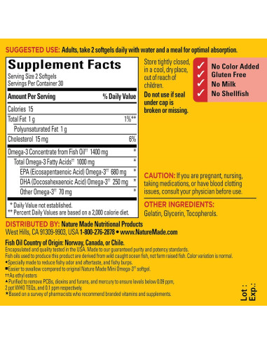 Suplemento Omega 3 Nature Made 1400 mg Sin Eructos 60 Gelatinas