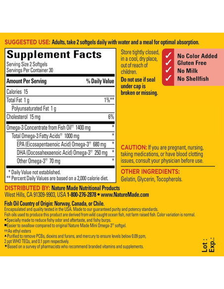 Suplemento Omega 3 Nature Made 1400 mg Sin Eructos 60 Gelatinas Suplemento Omega 3 Nature Made 1400 mg Sin Eructos 60 Gelatinas