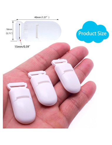 15 Clips de Chupete de Plástico Blanco 40mm para Bebé