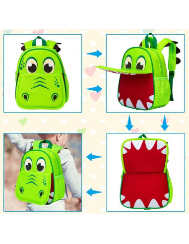 Mochila Infantil AGSDON con Correa de Seguridad Dinosaurio Verde