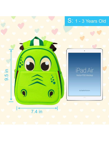 Mochila Infantil AGSDON con Correa de Seguridad Dinosaurio Verde
