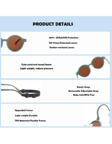 Gafas de sol redondas polarizadas Bouryo para bebés 0-24 meses