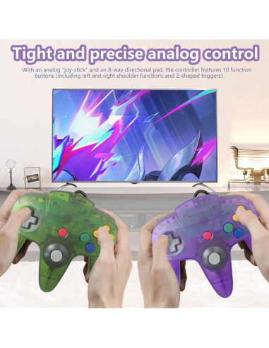 Controlador Clásico con Cable para Nintendo 64 - 2 Paquetes Verde y Púrpura