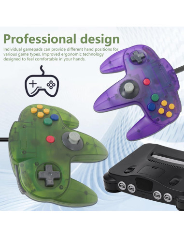 2 Controladores con Cable N64 Neuroquill Verde y Púrpura