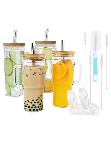 Tazas de vidrio Birity 24 oz con tapa y popote - Paquete de 4