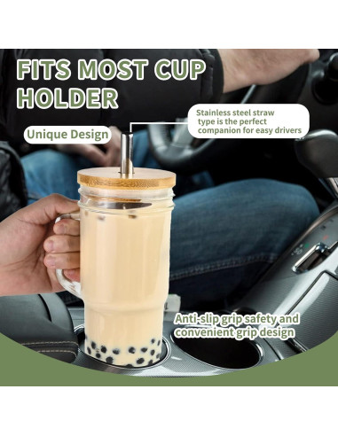 Tazas de vidrio Birity 24 oz con tapa y popote - Paquete de 4