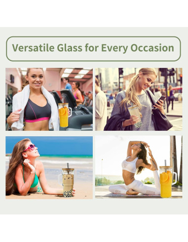 Tazas de vidrio Birity 24 oz con tapa y popote - Paquete de 4