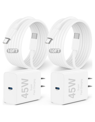 Cargador Rápido 45W USB C 2Pack con Cable 10 pies para iPhone