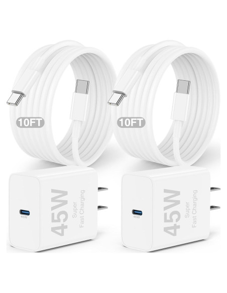 Cargador Rápido 45W USB C 2Pack con Cable 10 pies para iPhone