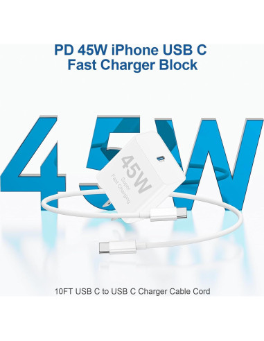 Cargador Rápido 45W USB C 2Pack con Cable 10 pies para iPhone