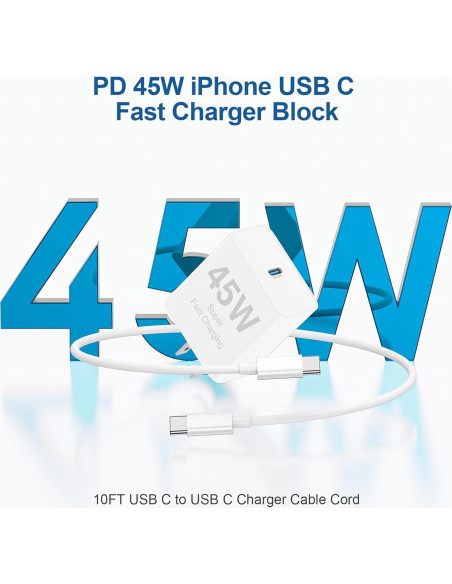 Cargador Rápido 45W USB C 2Pack con Cable 10 pies para iPhone