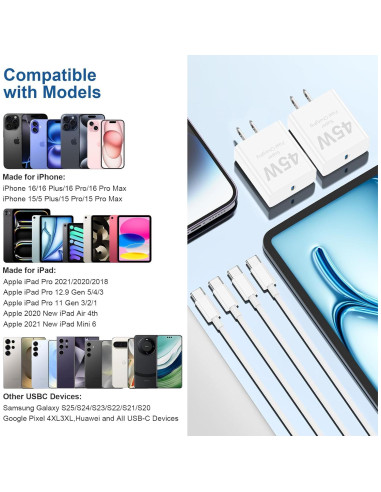 Cargador Rápido 45W USB C 2Pack con Cable 10 pies para iPhone