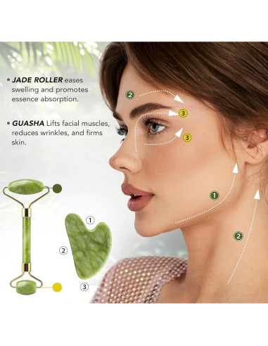Rodillo de Jade Premium Sweet Peached con Gua Sha - Masaje Facial