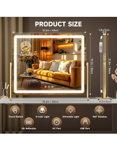 Espejo de tocador Hasipu LED 63.5x53.3 cm Oro con aumento 10X 2