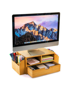 Organizador de Escritorio de Bambú Hiceeden con Cajón y Sujetapapeles