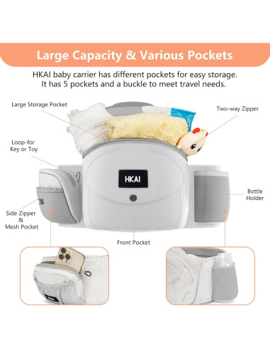 Portabebés de Cadera HKAI Ergonómico Gris Claro 0-20 kg