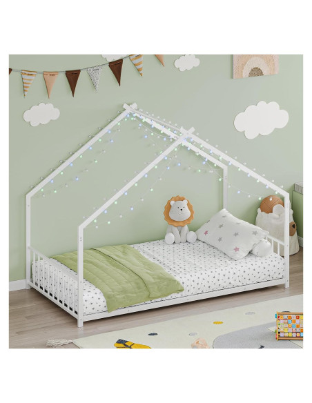 Cama de Piso Twin Zyerch con Luz LED y Techo para Niños