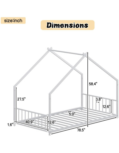 Cama de Piso Twin Zyerch con Luz LED y Techo para Niños