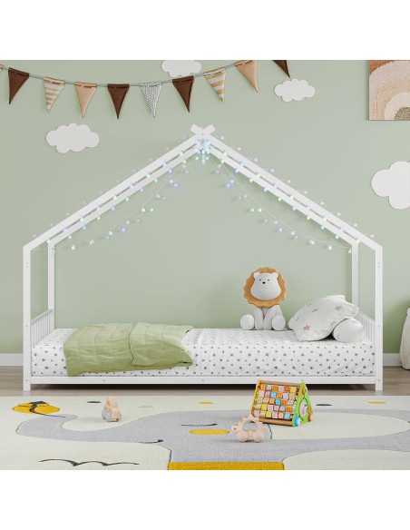 Cama de Piso Twin Zyerch con Luz LED y Techo para Niños