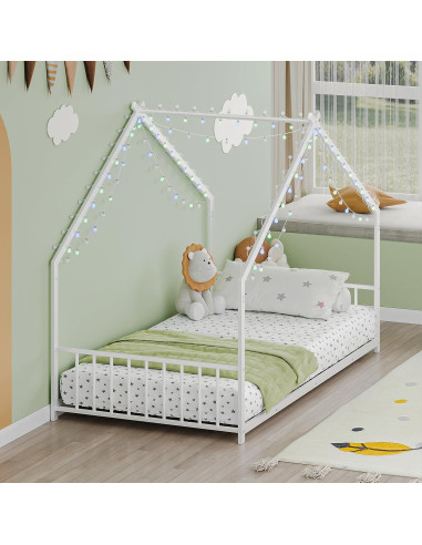 Cama de Piso Twin Zyerch con Luz LED y Techo para Niños