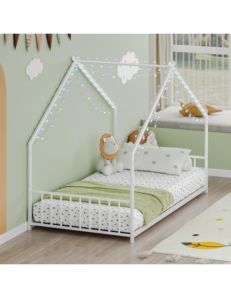 Cama de Piso Twin Zyerch con Luz LED y Techo para Niños