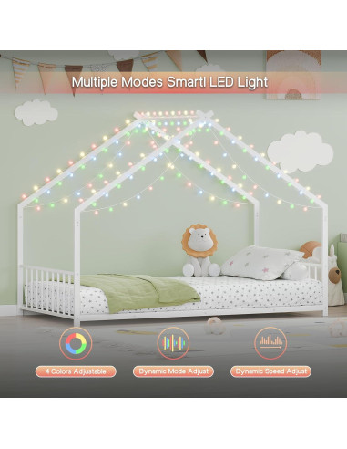 Cama de Piso Twin Zyerch con Luz LED y Techo para Niños