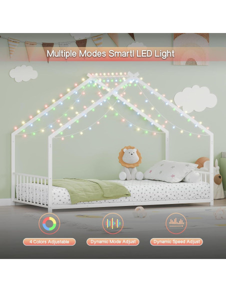 Cama de Piso Twin Zyerch con Luz LED y Techo para Niños