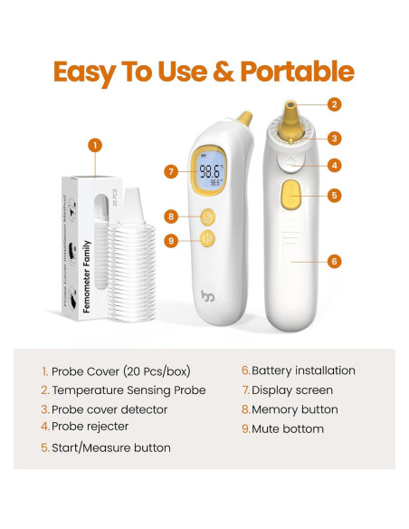 Termómetro de oído Femometer ET107, rápido y preciso, 32 memorias
