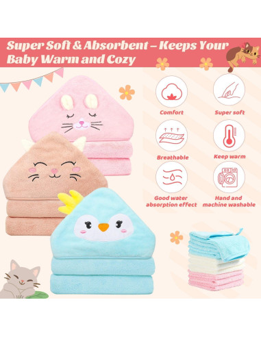 Juego de 12 Toallas con Capucha Sublaga para Bebés 80x80 cm