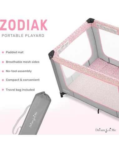 Cuna Portátil Dream On Me Zodiak Gris y Rosa, Ligera y Plegable