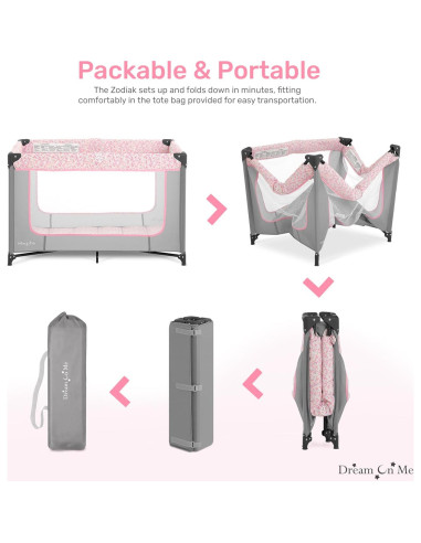 Cuna Portátil Dream On Me Zodiak Gris y Rosa, Ligera y Plegable