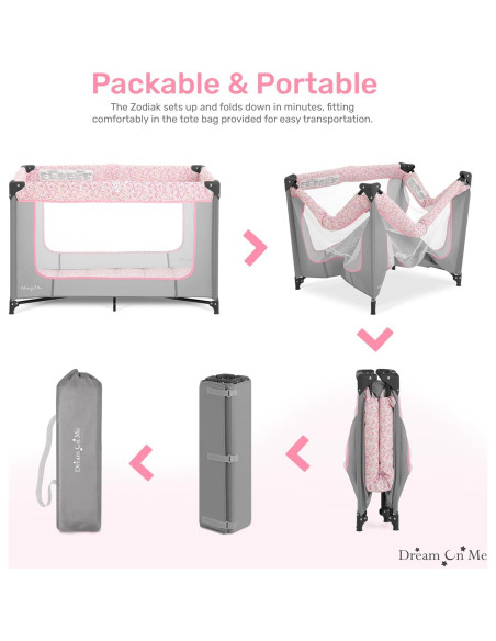 Cuna Portátil Dream On Me Zodiak Gris y Rosa, Ligera y Plegable