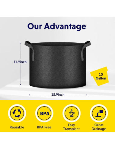 Bolsas de Crecimiento iPower 5-Pack 10 Galones Tela Negra